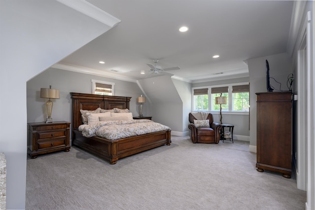 carpeted bedroom featuring crown molding and ceiling fan