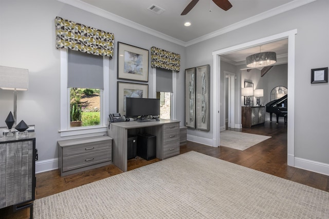 office space with ceiling fan, ornamental molding, and dark hardwood / wood-style flooring