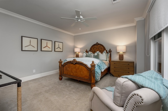 bedroom with light carpet, ornamental molding, and ceiling fan