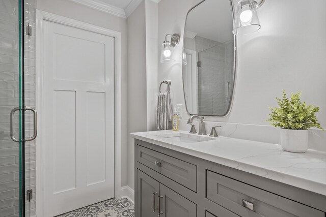 291 Power Point Rd, Milledgeville, GA 31061 - bathroom with vanity, a shower stall, ornamental molding, and tile patterned flooring