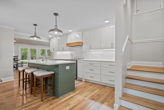 291 Power Point Rd, Milledgeville, GA 31061 - kitchen featuring custom exhaust hood, stainless steel range with electric stovetop, white cabinetry, an island with sink, and ornamental molding