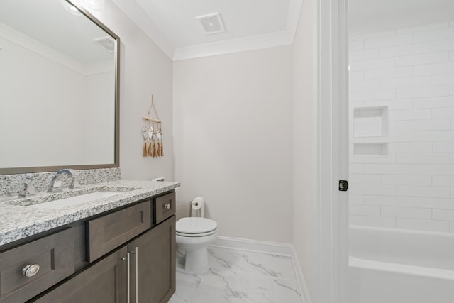 full bathroom with tiled shower / bath, ornamental molding, toilet, and vanity