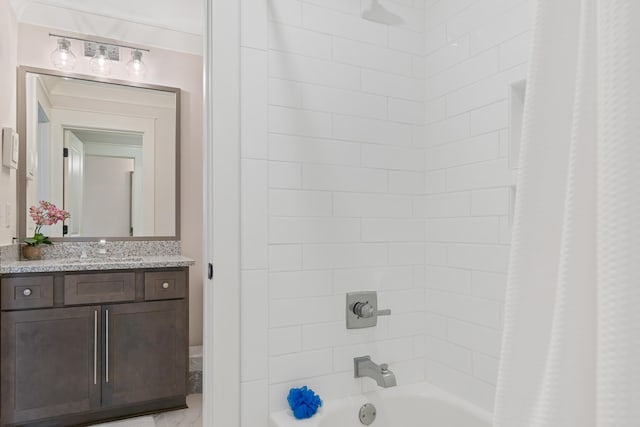 bathroom with vanity and shower / bathtub combination with curtain