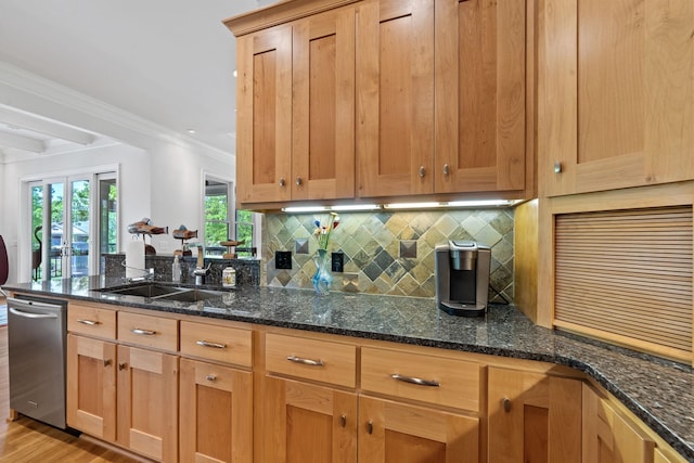 1101 Shoal Creek Ct, Greensboro, GA 30642 - kitchen with crown molding, a sink, dishwasher, and tasteful backsplash