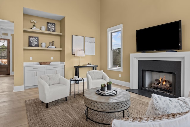 1201 Askew Trl, Greensboro, GA 30642 - living area with baseboards, light wood-style flooring, and a lit fireplace