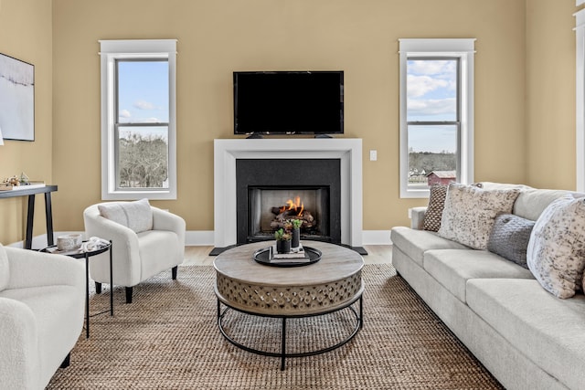 1201 Askew Trl, Greensboro, GA 30642 - living area with a fireplace with flush hearth, a healthy amount of sunlight, and wood finished floors