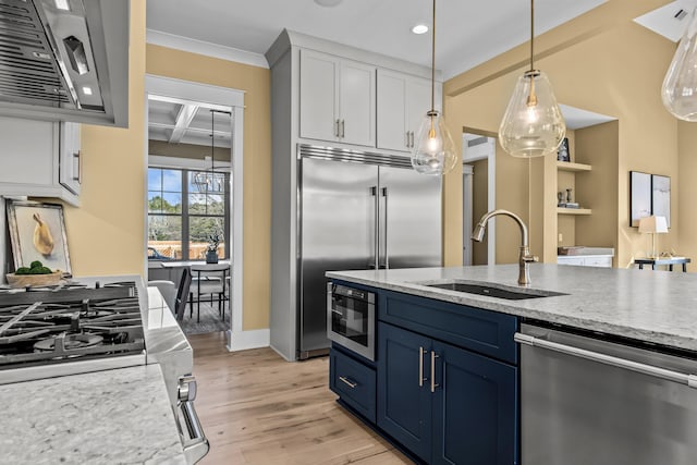 1201 Askew Trl, Greensboro, GA 30642 - kitchen featuring blue cabinets, light wood-type flooring, a sink, built in appliances, and coffered ceiling