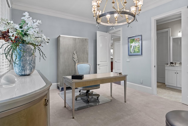 carpeted home office featuring crown molding