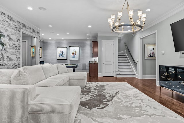 living room with dark wood-type flooring and ornamental molding