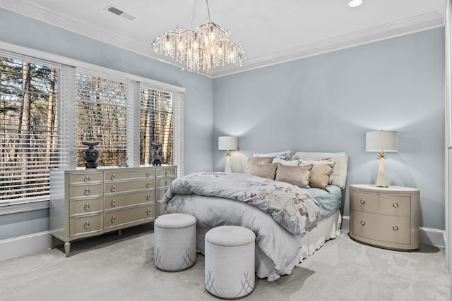 bedroom with multiple windows, ornamental molding, and light carpet