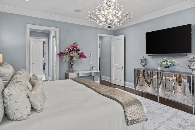 bedroom featuring crown molding, dark wood-type flooring, and a chandelier