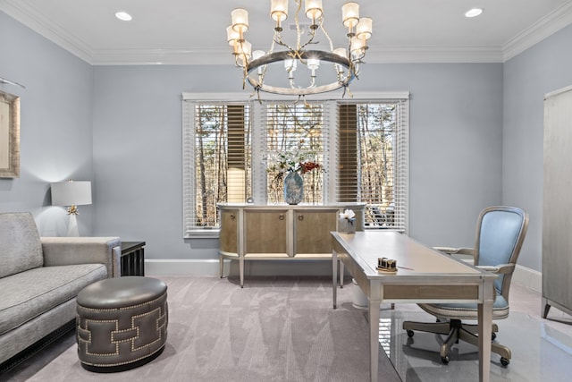 office with light colored carpet and ornamental molding