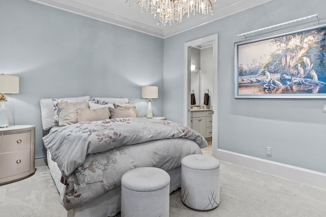 carpeted bedroom with crown molding, ensuite bathroom, and an inviting chandelier