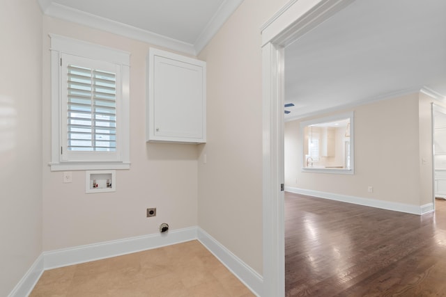 laundry room with hardwood / wood-style floors, hookup for a washing machine, ornamental molding, and hookup for an electric dryer