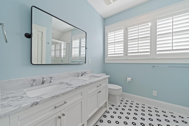 bathroom with vanity, toilet, and a shower with shower door