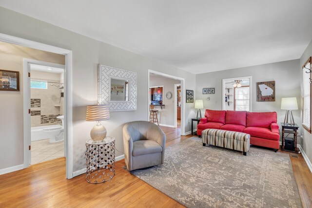 living room with hardwood / wood-style flooring and ceiling fan