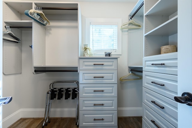 spacious closet with dark wood-type flooring