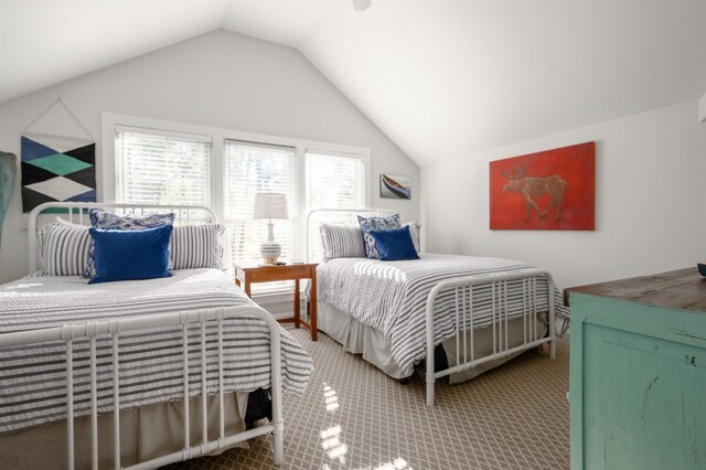 carpeted bedroom featuring vaulted ceiling