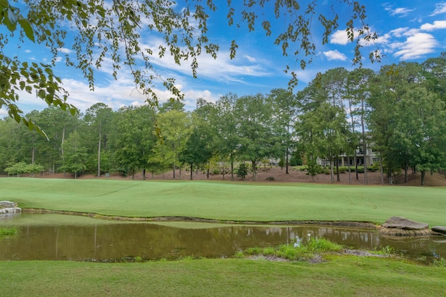 view of property's community with a water view and a yard