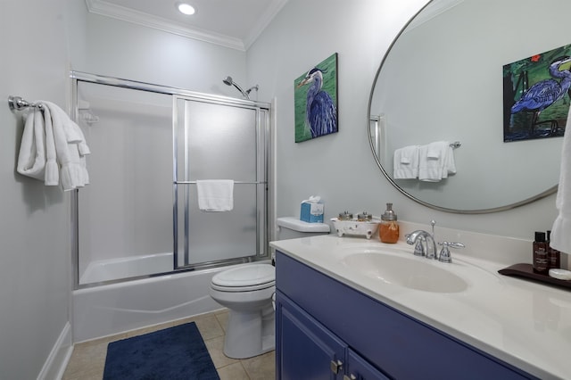 full bathroom with combined bath / shower with glass door, tile patterned flooring, vanity, ornamental molding, and toilet