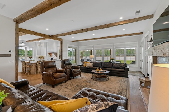 113 Daisy Trl, Milledgeville, GA 31061 - living room featuring visible vents, hardwood / wood-style flooring, beamed ceiling, and recessed lighting
