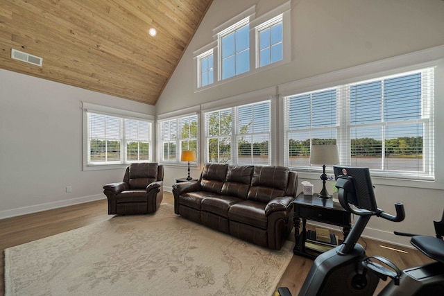 113 Daisy Trl, Milledgeville, GA 31061 - living room with wooden ceiling, high vaulted ceiling, visible vents, baseboards, and wood finished floors