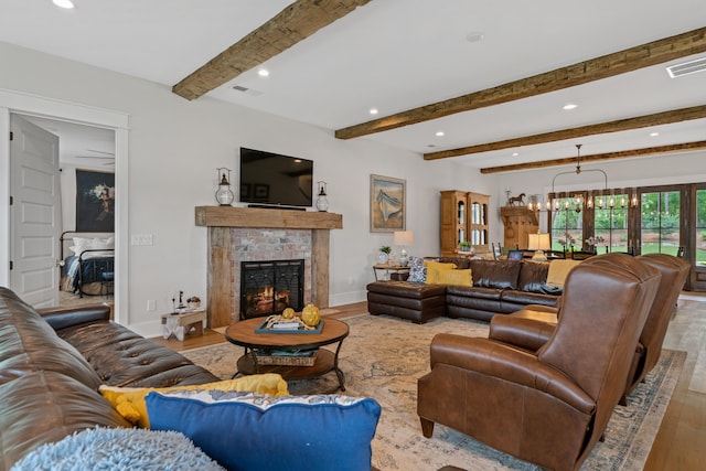 113 Daisy Trl, Milledgeville, GA 31061 - living area with a tiled fireplace, recessed lighting, wood finished floors, and beamed ceiling
