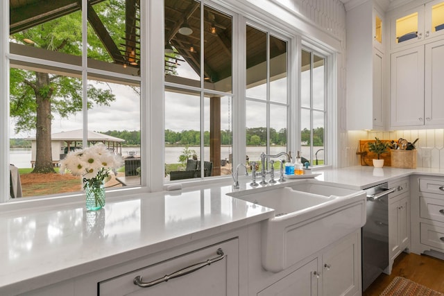 113 Daisy Trl, Milledgeville, GA 31061 - kitchen with a sink, a water view, backsplash, dishwasher, and white cabinets