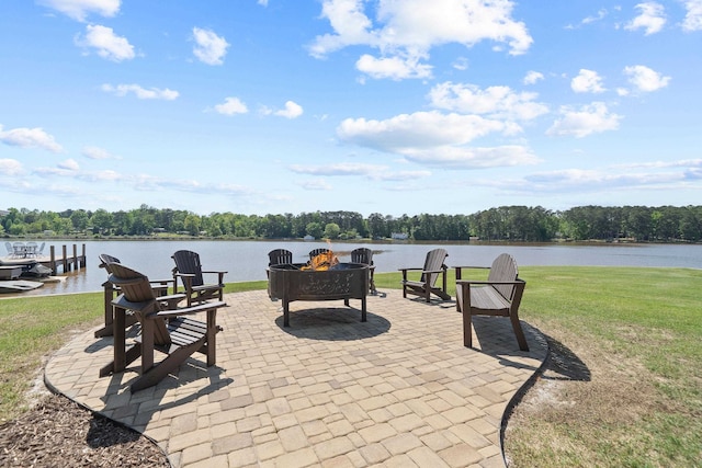 113 Daisy Trl, Milledgeville, GA 31061 - view of patio / terrace with a wooded view, a water view, and an outdoor fire pit