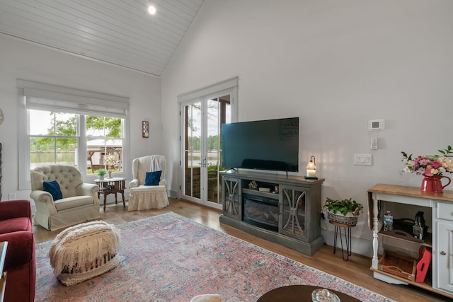 113 Daisy Trl, Milledgeville, GA 31061 - living area featuring recessed lighting, high vaulted ceiling, baseboards, wood ceiling, and wood finished floors