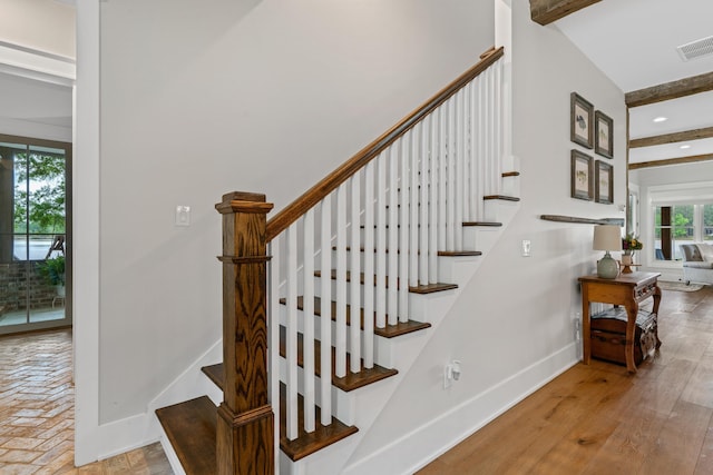 113 Daisy Trl, Milledgeville, GA 31061 - stairway featuring visible vents, recessed lighting, beamed ceiling, and baseboards