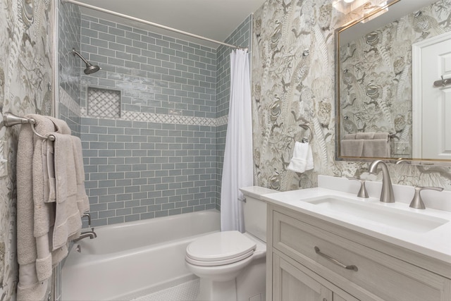 bathroom featuring shower / bath combination with curtain, wallpapered walls, vanity, and toilet