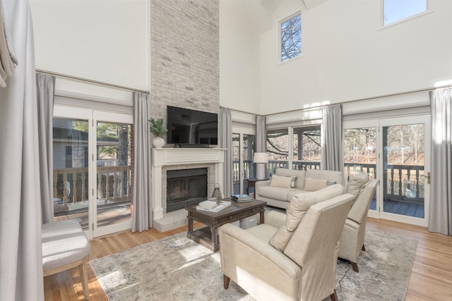 living room with a towering ceiling, wood finished floors, and a fireplace