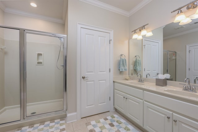 1181 Lockets Trl, Greensboro, GA 30642 - bathroom with a stall shower, ornamental molding, double vanity, tile patterned floors, and baseboards