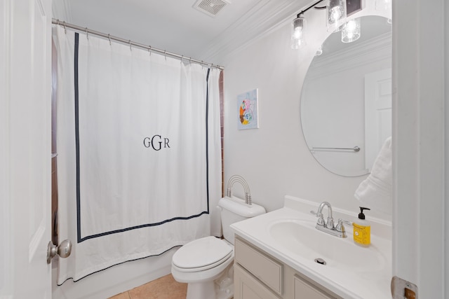 full bathroom featuring shower / tub combo with curtain, vanity, toilet, crown molding, and tile patterned floors
