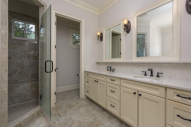 1020 Fairway Ridge Cir, Greensboro, GA 30642 - full bathroom with double vanity, a stall shower, crown molding, and baseboards