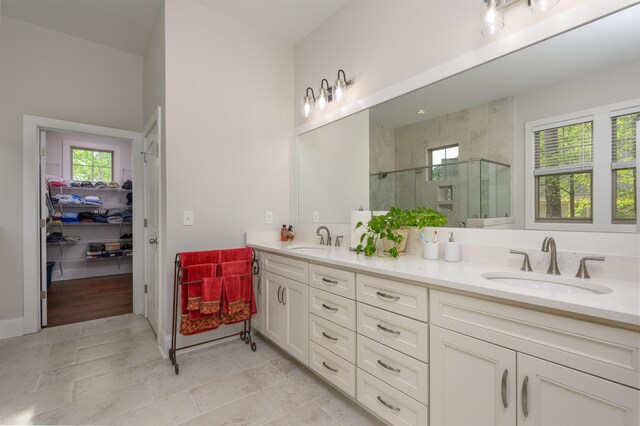 bathroom featuring vanity and a shower with shower door