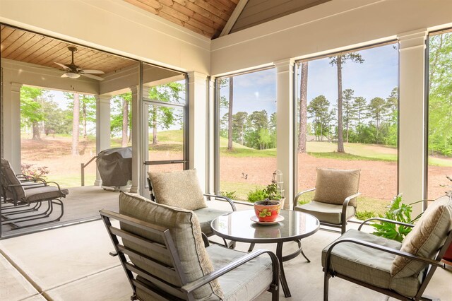 sunroom with wood ceiling, ceiling fan, and vaulted ceiling