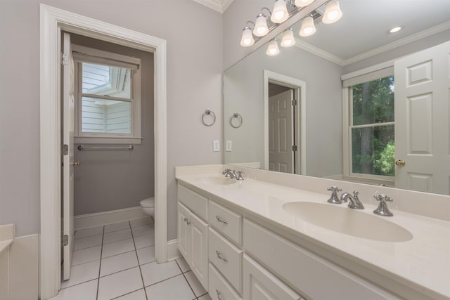 1051 Liberty Bluff Rd, Greensboro, GA 30642 - bathroom featuring tile patterned flooring, crown molding, double vanity, toilet, and healthy amount of natural light