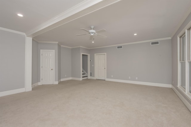 1051 Liberty Bluff Rd, Greensboro, GA 30642 - empty room with light carpet, a ceiling fan, recessed lighting, crown molding, and baseboards