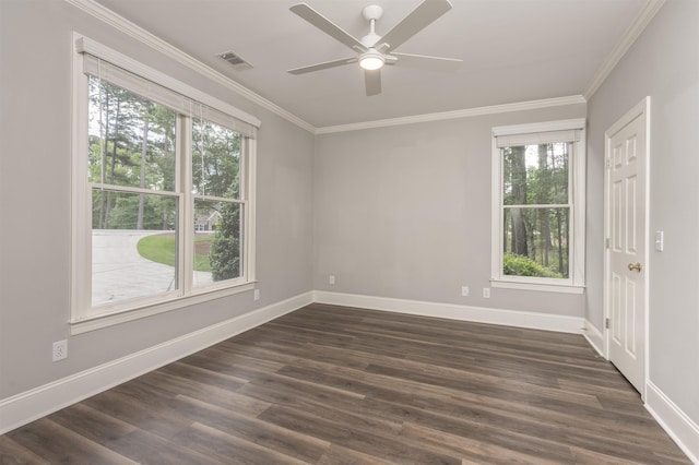 1051 Liberty Bluff Rd, Greensboro, GA 30642 - spare room with ornamental molding, baseboards, a ceiling fan, and dark wood-type flooring