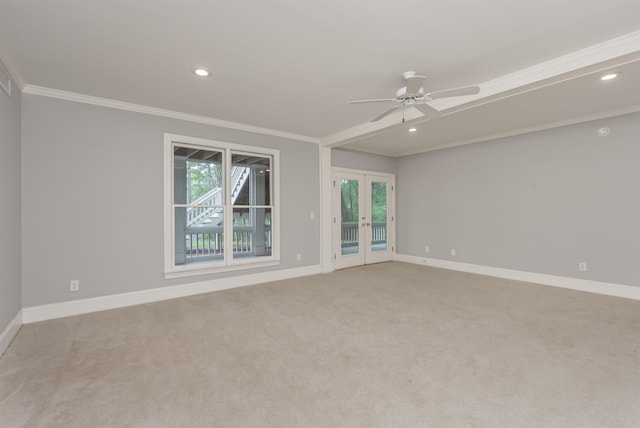 1051 Liberty Bluff Rd, Greensboro, GA 30642 - empty room with crown molding, a ceiling fan, french doors, healthy amount of natural light, and baseboards