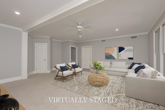 1051 Liberty Bluff Rd, Greensboro, GA 30642 - living room featuring carpet flooring, ceiling fan, baseboards, recessed lighting, and crown molding