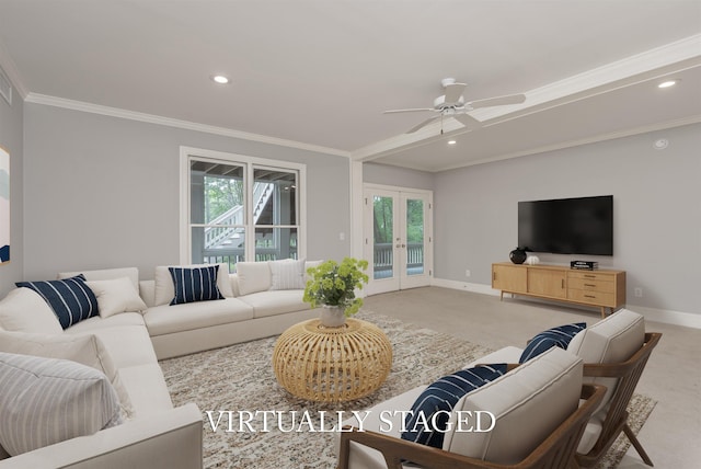 1051 Liberty Bluff Rd, Greensboro, GA 30642 - living room featuring french doors, ceiling fan, baseboards, light carpet, and ornamental molding