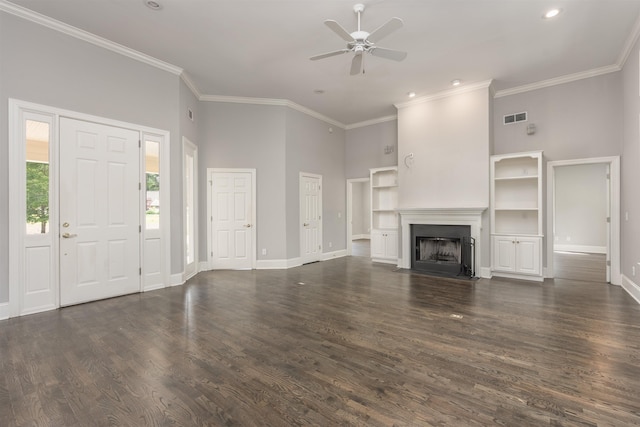 1051 Liberty Bluff Rd, Greensboro, GA 30642 - unfurnished living room featuring a ceiling fan, baseboards, a fireplace with flush hearth, a high ceiling, and dark wood-type flooring
