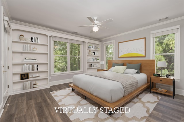 1051 Liberty Bluff Rd, Greensboro, GA 30642 - bedroom featuring ornamental molding, multiple windows, wood finished floors, baseboards, and ceiling fan