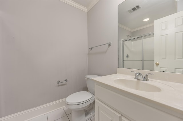 1051 Liberty Bluff Rd, Greensboro, GA 30642 - full bath with ornamental molding, tile patterned flooring, a shower stall, toilet, and vanity