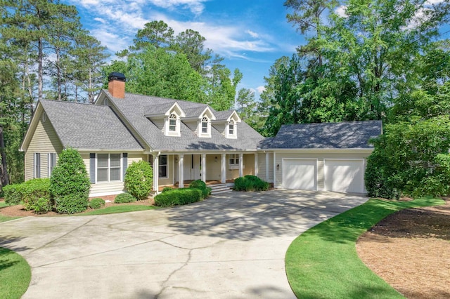 1051 Liberty Bluff Rd, Greensboro, GA 30642 - cape cod-style house with covered porch, an attached garage, driveway, roof with shingles, and a chimney