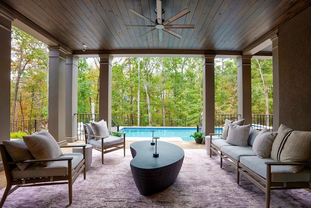 sunroom featuring wood ceiling and ceiling fan