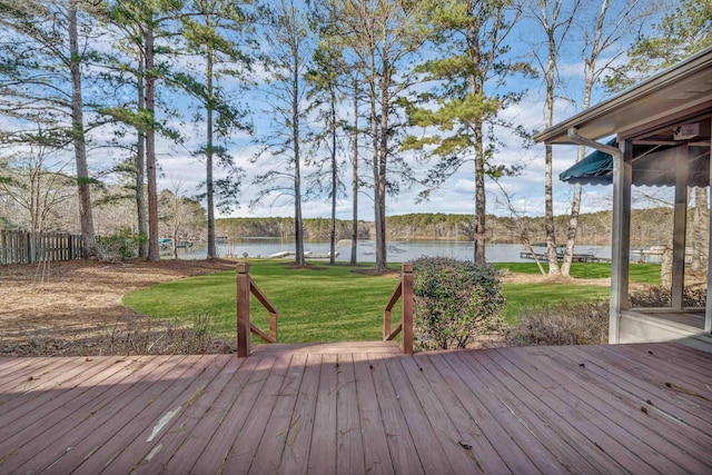 wooden terrace with a water view and a yard